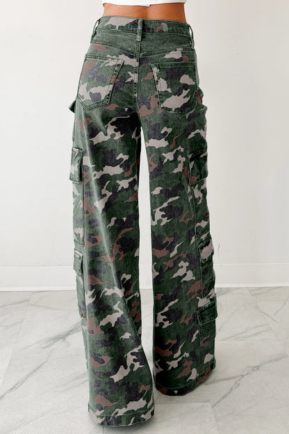 Green Camo Denim Cargo Wide Leg Pants