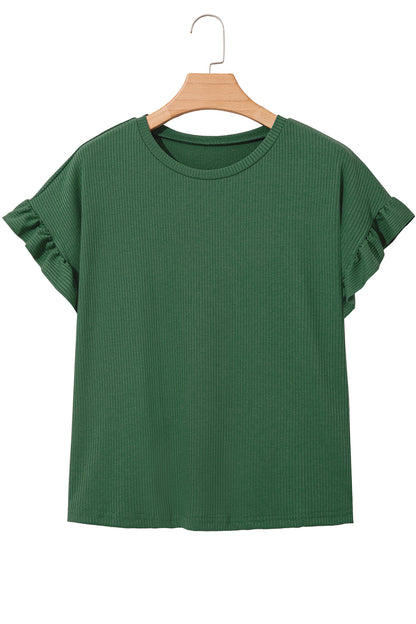 Jungle Green Solid Color Ribbed Ruffled Short Sleeve T Shirt
