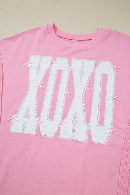 Pink Bow Sequin XOXO Letter Graphic Exposed Seam Baggy Sweatshirt