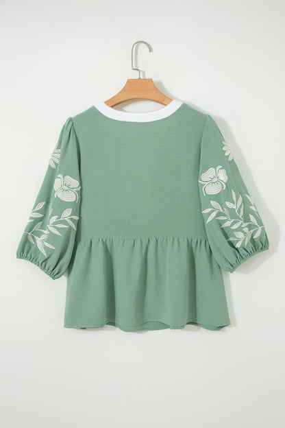 Smoke Green Color Block Patchwork V Neck Embroidered Puff Sleeve Babydoll Blouse