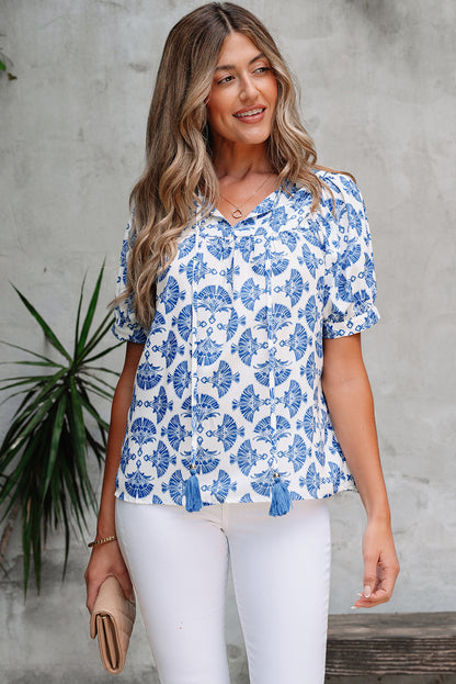 Sky Blue Geometric Print Tassel Drawstring V Neck Blouse