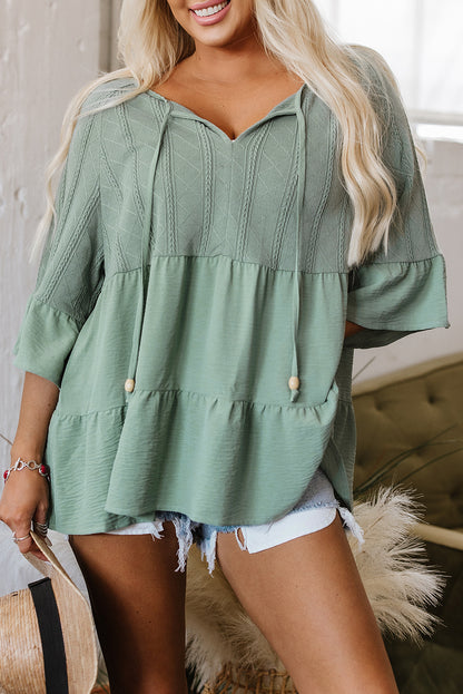 Laurel Green Tie Split Neck Textured Ruffle Patchwork Blouse