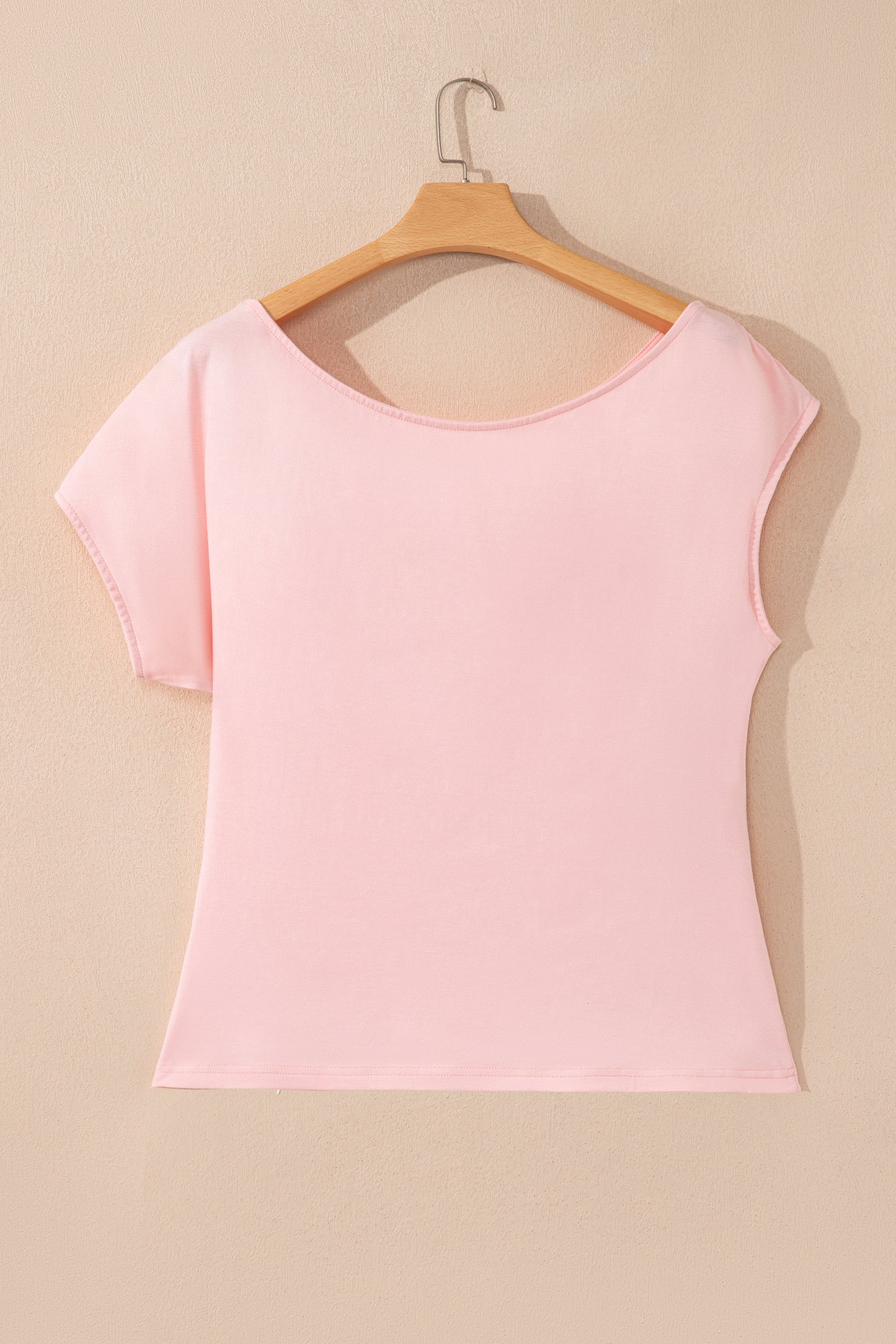 Gossamer Pink Plus Size Solid Color Asymmetric Neck Short Sleeve Blouse