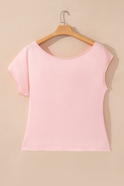 Gossamer Pink Plus Size Solid Color Asymmetric Neck Short Sleeve Blouse