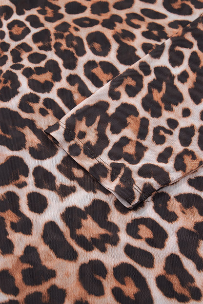 Brown Plus Size Mock Neck Leopard Mesh Top