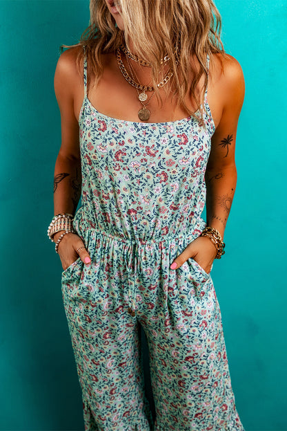 Green Bohemian Floral Ruffle Bottom Spaghetti Strap Jumpsuit