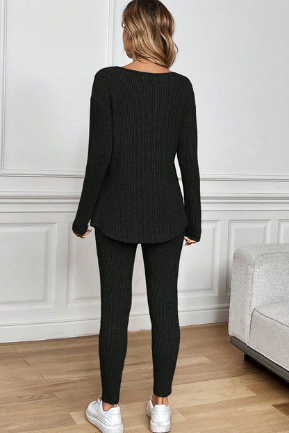 Grass Green Ribbed Notched Neck Knit Long Sleeve Leggings Two Pieces Lounge Set