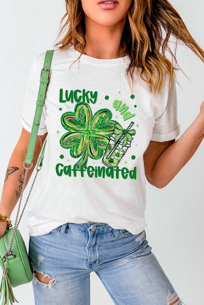 White Lucky and Caffeinated Clover Graphic St Patrick Tee