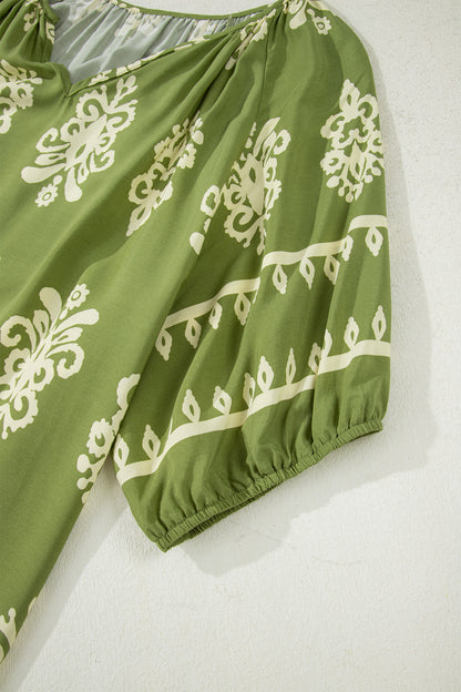 Green Boho Chic Notched V Neck Plus Floral Short Sleeve Top