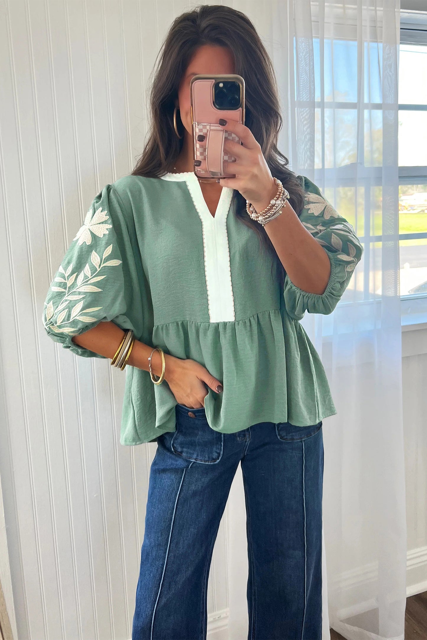 Smoke Green Color Block Patchwork V Neck Embroidered Puff Sleeve Babydoll Blouse