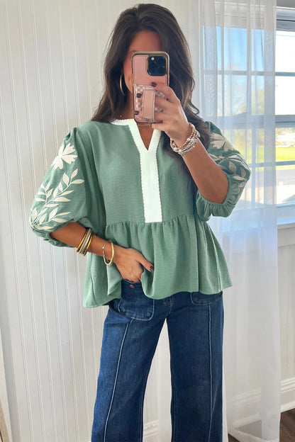 Smoke Green Color Block Patchwork V Neck Embroidered Puff Sleeve Babydoll Blouse