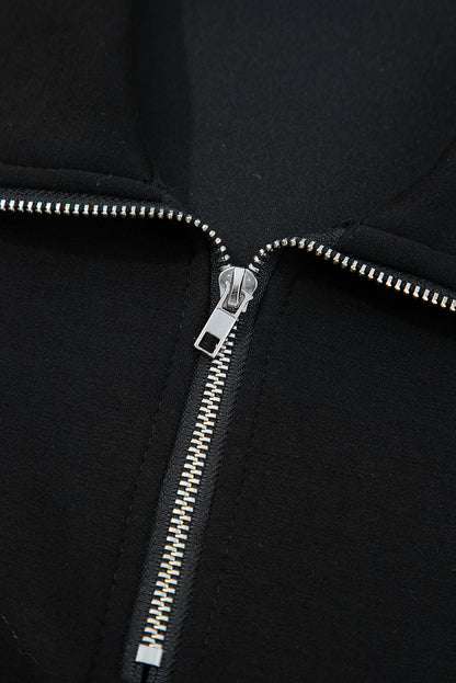 Black Zip Collar Long Sleeve Top Drawstring Pants Set